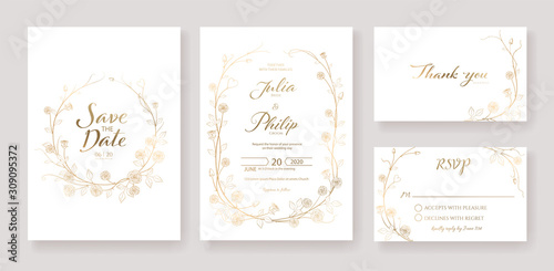 Gold wedding Invitation, save the date, thank you, rsvp card Design template. Vector. Rose flower. vector.