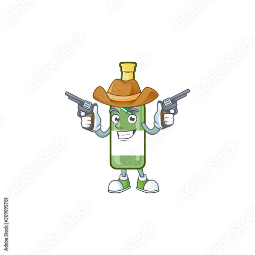 Champagne green bottle cartoon character as a Cowboy holding guns
