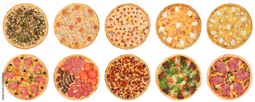 Set of pizza photos on a white isolated background Set of pizza photos on a white isolated background