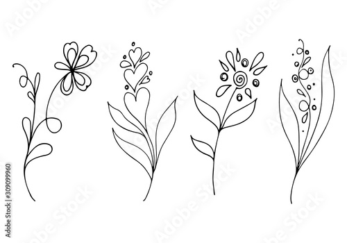 Big outline set of summer tropical flowers. Floral botanical flower set isolated on white background. Hand drawn vector collection. Botanical Hawaii nature. Tropical palm icon. Hawaiian collection