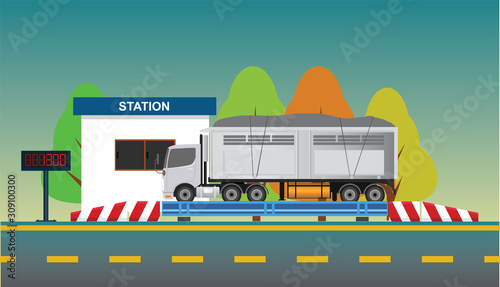 Dangerous garbage truck on the weighing scale at the checkpoint. Before and after transport operations.