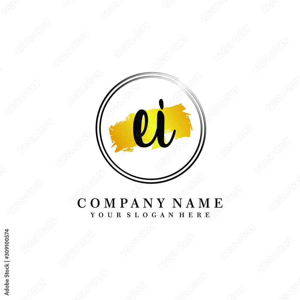 Initial EI handwriting logo, and brush circle template 