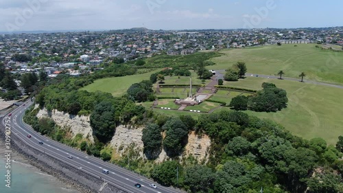 Bastion Point, Auckland / New Zealand - December 12, 2019: The Amazing Cliff of Bastion Point, Okahu Bay and Mission Bay Beach photo