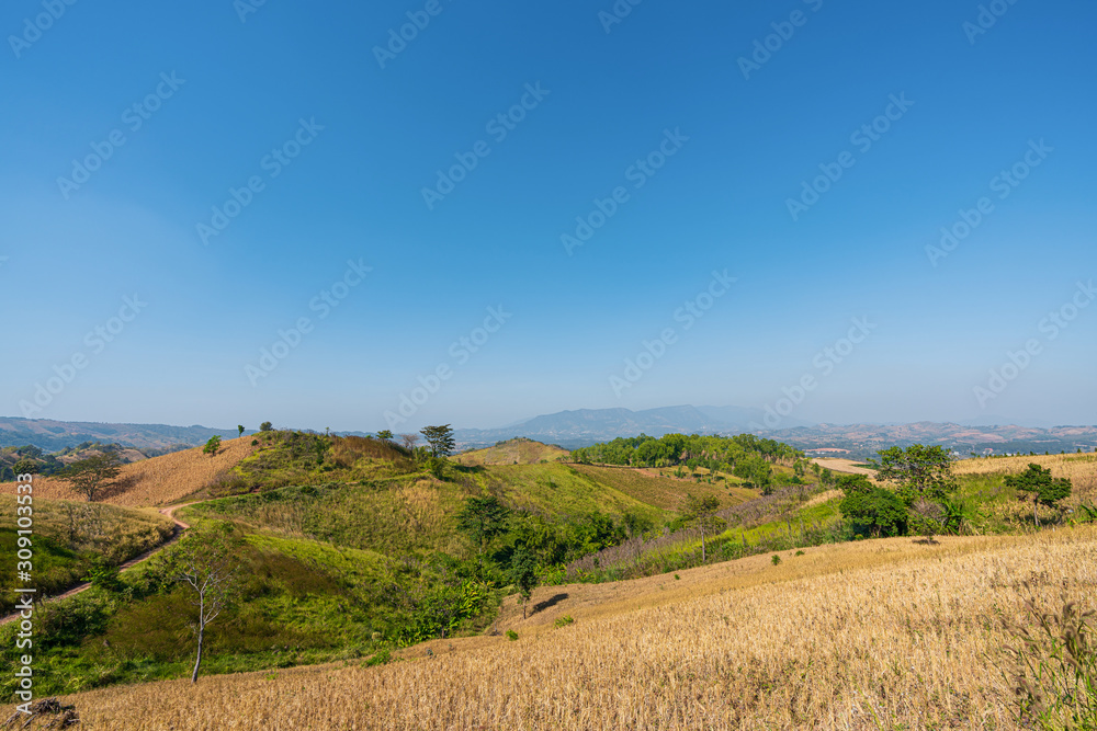 beautiful blue sky high peak mountains mist fog wildlife green forest at Khao Koh Phu Tub Berk Phetchabun Thailand guiding idea long weekend for backpacker camping hiking  