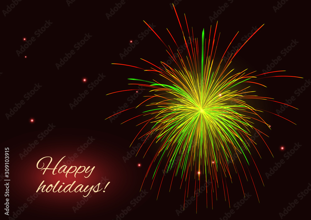 Fototapeta premium Holidays golden red yellow green fireworks, copy space.