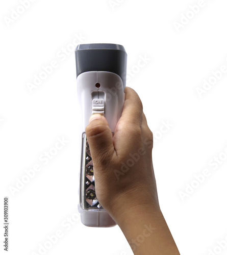 Woman's hand hold white flashlight and turn on it on white background