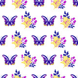 Vector white background butterflies & bouquet garden seamless pattern illustration for birthday, fabric, party event, decoration, gift wrap, scrapbook project, print, fabric, wallpaper textile design