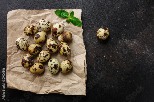 quail eggs (tasty fresh, vitamins) menu concept. food background. top view. copy space