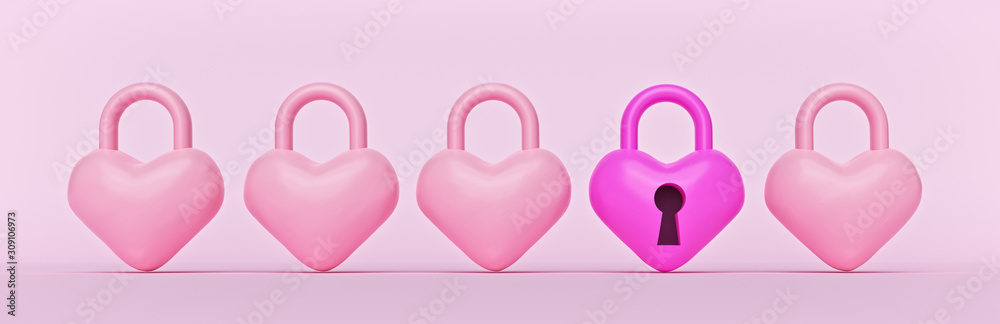 Unique pink, heart shaped locks. minimal style. horizontal banner. individuality and difference concept. 3d rendering Unique pink, heart shaped locks. minimal style. horizontal banner. individuality and difference concept. 3d rendering