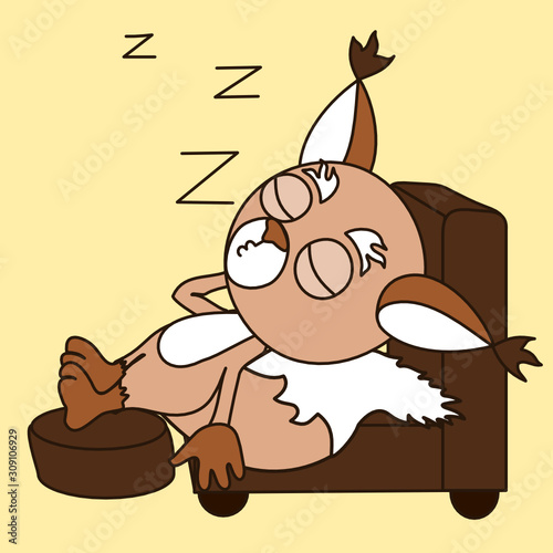 sleeping squirrel with Zzz sign above his head, lying on an armchair, legs resting on an ottoman, color vector emoticon in cartoon style