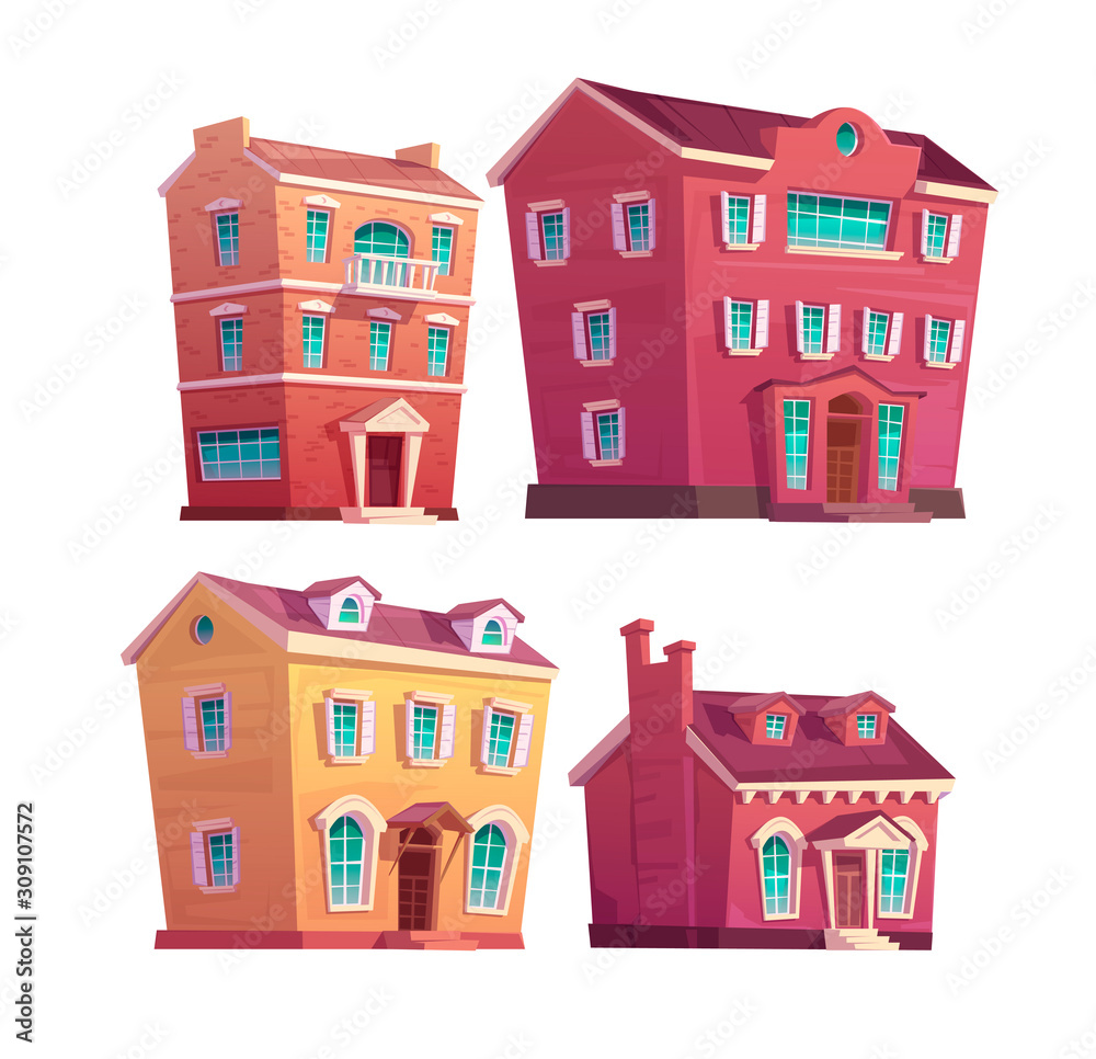 Urban retro building cartoon vector set illustration. Old residential single and multi-storey buildings from concrete and red brick, isolated on white background Urban retro building cartoon vector set illustration. Old residential single and multi-storey buildings from concrete and red brick, isolated on white background