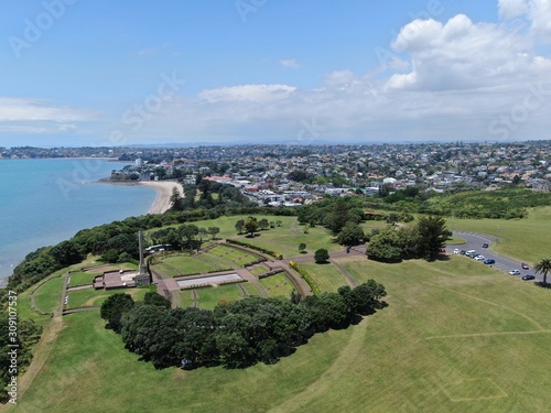 Bastion Point, Auckland / New Zealand - December 12, 2019: The Amazing Cliff of Bastion Point, Okahu Bay and Mission Bay Beach photo