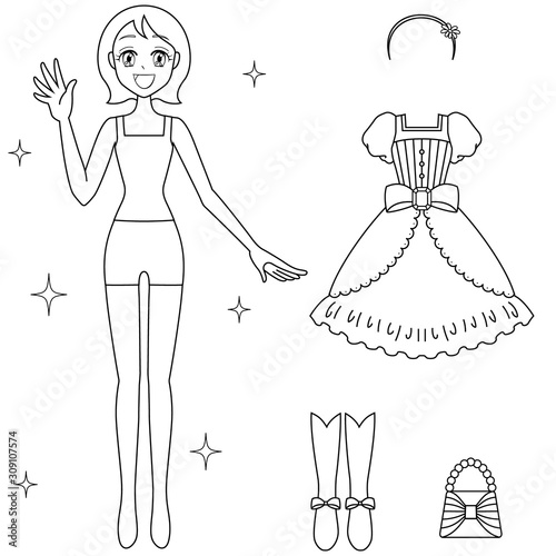 Illustration of girl's paper doll (Monochrome)