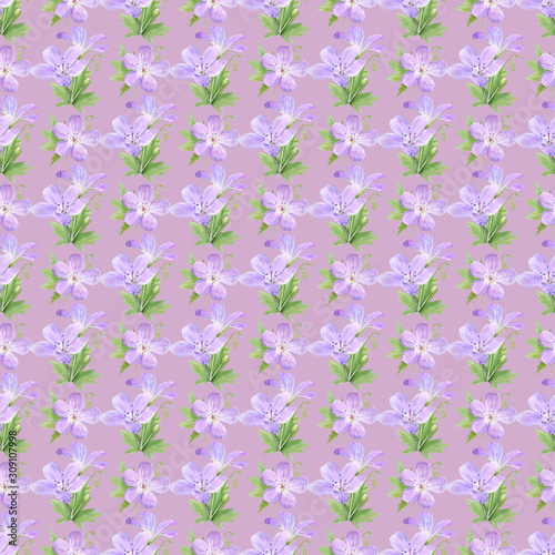 Seamless pattern of watercolor geranium flowers. Perfect for web design, cosmetics design, package, textile, wedding invitation, logo