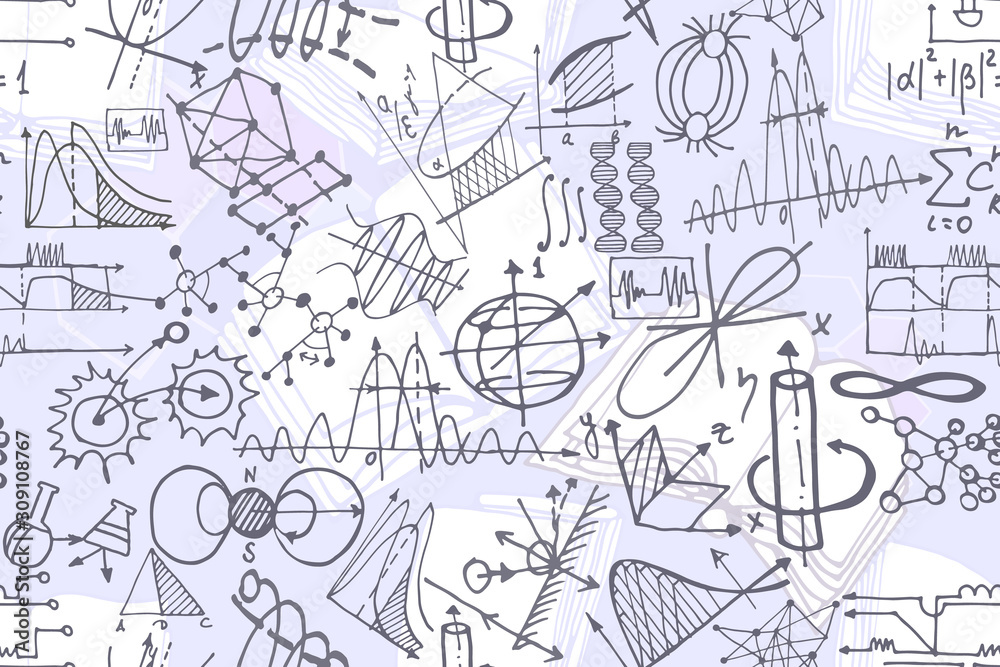 Vector seamless pattern with sketch elements related to science or education. Physics or chemistry abstract background with parts of decorative tools and diagrams on   white board. Hand drawn.