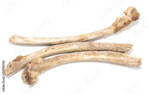 Animal ribs bones isolated on white background. leftover food closeup