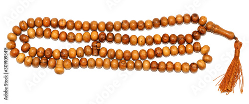 Natural wooden rosary isolated on white background
