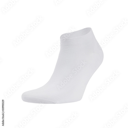 Blank white cotton sport short sock on invisible foot isolated on white background as mock up for advertising, branding, design, front view, template.