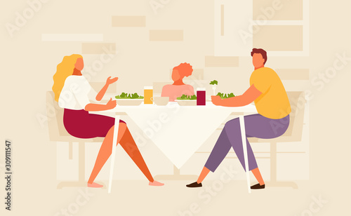Family eating at the kitchen table. Dinner and leisure activities illustration