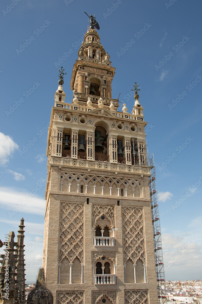 View of Giralda belfry from the Seville cathedral roof