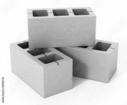 Concrete gray bricks isolated on white background. 3D illustration photo