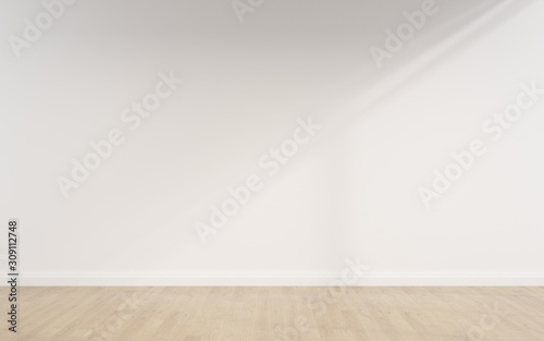 Fototapeta Naklejka Na Ścianę i Meble -  Mock-up of white empty room and wood laminate floor with sun light cast the shadow on the wall,Perspective of minimal inteior design. 3D rendering