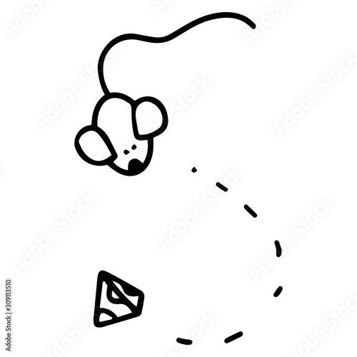 Mouse and cheese. The symbol of the new year. Linear drawing. Vector drawing. On a white background.