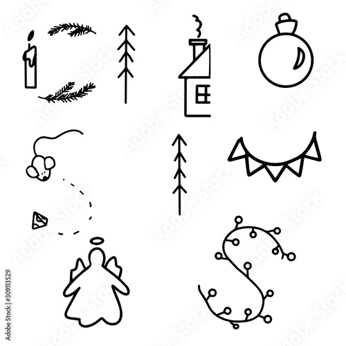 Set of New Year's Eve symbols, Christmas. For design.Linear drawing. Vector drawing. On a white background.