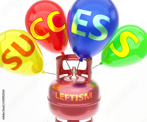 Leftism and success - pictured as word Leftism on a fuel tank and balloons, to symbolize that Leftism achieve success and happiness, 3d illustration photo