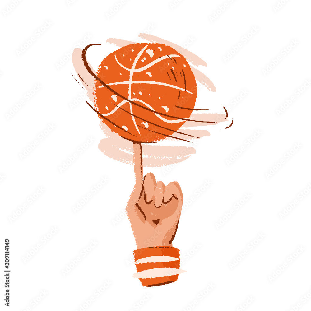 Vector hand draw illustration of basketball ball on a finger. Professional  basketball game trick. Rotating basketball on a finger, vector sketch  textured icon isolated on white Stock Vector