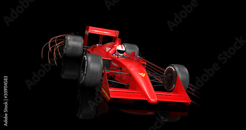 Generic Red Racing Car On Black Background. Light Streaks Moving With Car. 3D Illustration Render