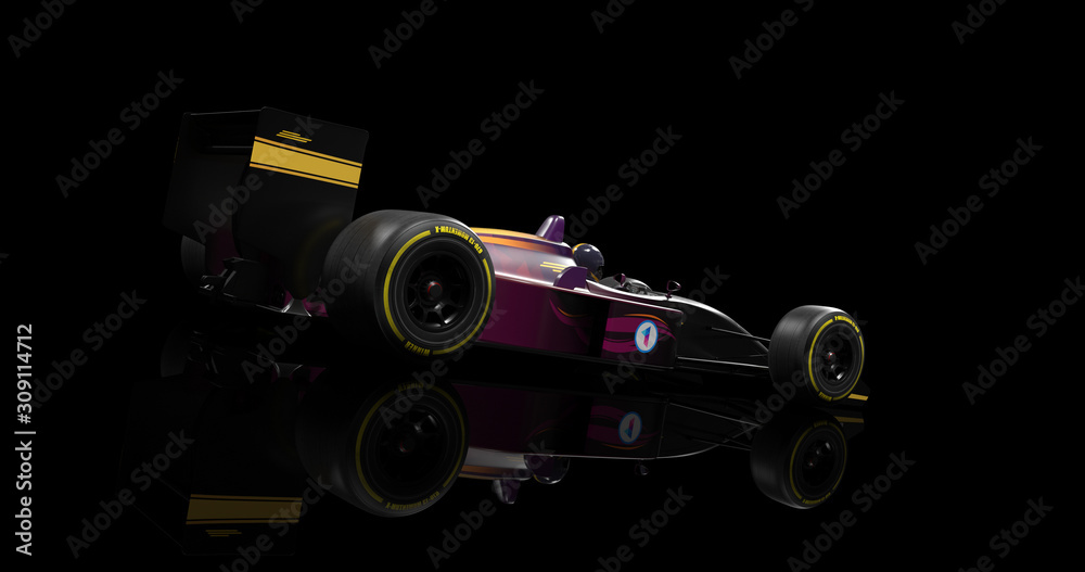 Generic Racing Car Speeding On Black Background. 3D Illustration Render - obrazy, fototapety, plakaty 