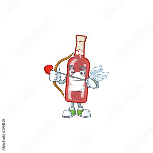 Cute champagne red bottle Cupid cartoon character with arrow and wings