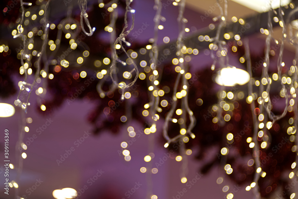 Hanging LED lights (and its line) with colorful bubble blur background  Photos | Adobe Stock