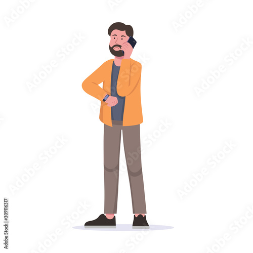 Young Man Bored Waiting, Calling Someone Flat Vector Cartoon
