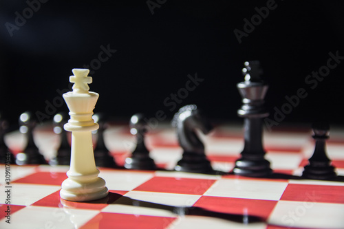 Contrast shot on chess board. White king in front of army of black king , knight and pawns