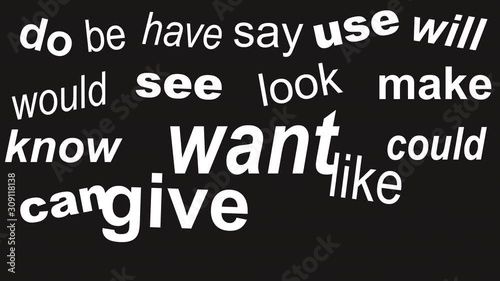 Words appear in white on a black background and with an alpha channel. Popular English verbs are used. Animation. Concept video backdrop for training, overlay, transition. photo