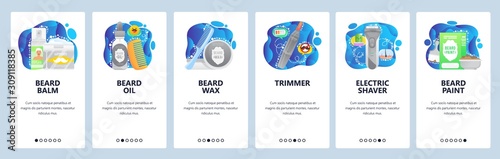 Mobile app onboarding screens. Barbershop, beard cut for men, oil, cream, electric shaver, trimmer. Menu vector banner template for website and mobile development. Web site design flat illustration
