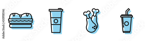 Set line Chicken leg, Sandwich, Paper glass and water and Paper glass with drinking straw and water icon. Vector