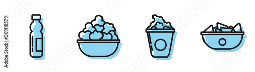 Set line Popcorn in cardboard box, Bottle of water, Popcorn in bowl and Nachos in plate icon. Vector