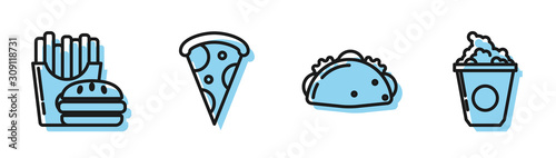 Fototapeta Ustaw linię Taco z tortillą, burgerem i frytkami w kartonowym pudełku, kawałek pizzy i popcorn w kartonowym pudełku. Wektor