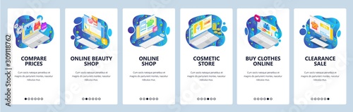 Mobile app onboarding screens. Online shopping and business isometric icons, online store, sale, price. Vector banner template for website and mobile development. Web site design flat illustration