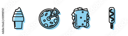 Fototapeta Set line Sandwich, Ice cream in waffle cone, Pizza and Ice cream icon. Vector
