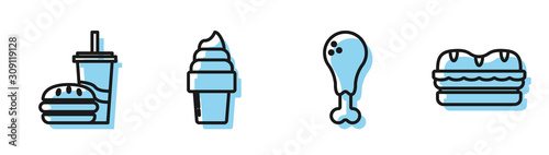 Set line Chicken leg, Paper glass with drinking straw and burger, Ice cream in waffle cone and Sandwich icon. Vector