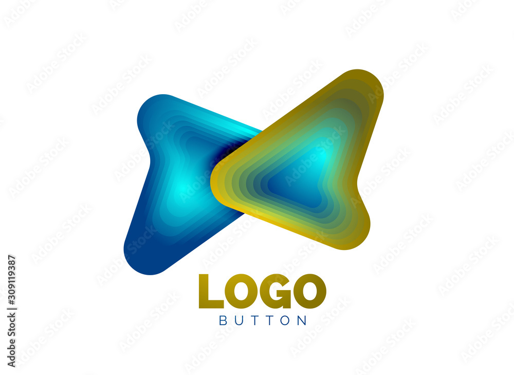 Arrow logo template. Or play or download button logotype template. Minimal geometrical design, 3d geometric bold symbol in relief style with color blend steps effect. Vector Illustration