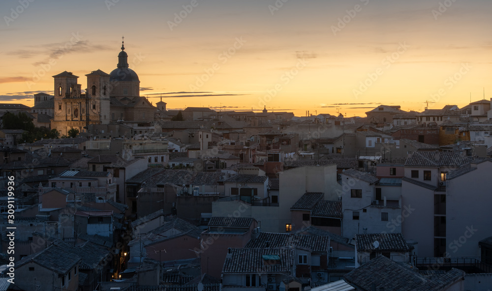 Toledo is an ancient city set on a hill above the plains of Castilla-La Mancha in central Spain. The capital of the region in sunset..