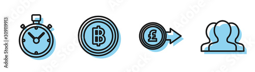 Set line Coin money with pound sterling symbol, Stopwatch, Cryptocurrency coin Bitcoin and Users group icon. Vector