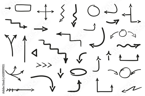 Hand drawn arrow on isolated white background. Abstract arrows. Elements for posters and banners