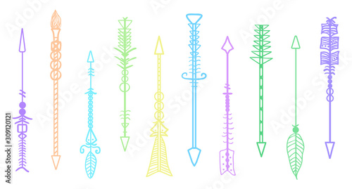 Hand drawn colorful arrow on white. Abstract colored elements. Set of different arrows