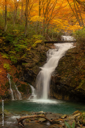 Hiking trail in Autumn   Fukushima Prefecture with waterfall